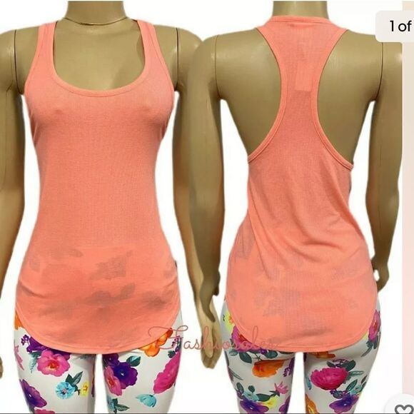 Victoria’s Secret PINK Ribbed Racerback soft tank top Coral orange - Picture 2 of 4
